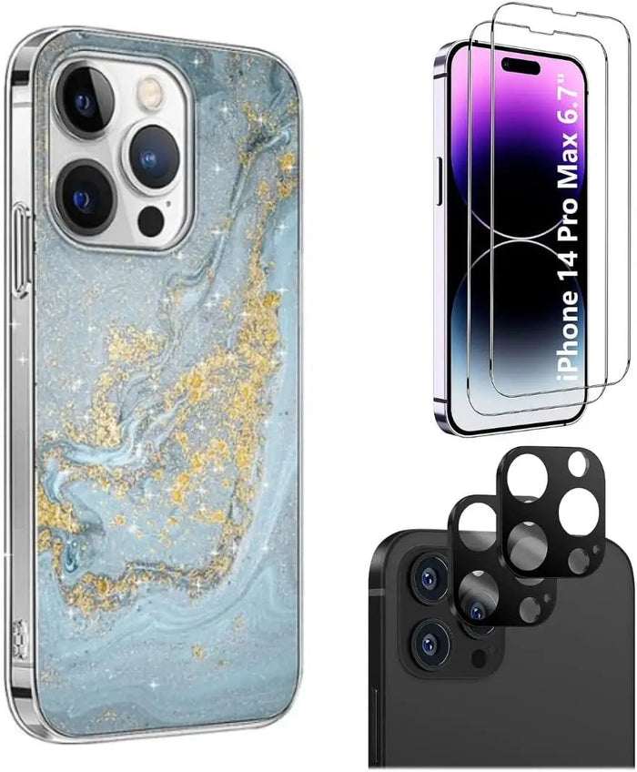 iPhone 14 Pro Max 6.7-inch Protection Kit Bundle - Marble Series Case with Tempered Glass Screen and Camera Protector (Blue Marble) by Zerodamage Sahara Case LLC