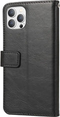 iPhone 14 Pro Max Protection Kit Bundle - Leather Folio Wallet Case with Tempered Glass Screen and Camera Protector (Black) by Zerodamage Sahara Case LLC