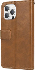 iPhone 14 Pro Max Protection Kit Bundle - Leather Folio Wallet Case with Tempered Glass Screen and Camera Protector (Brown) by Zerodamage Sahara Case LLC