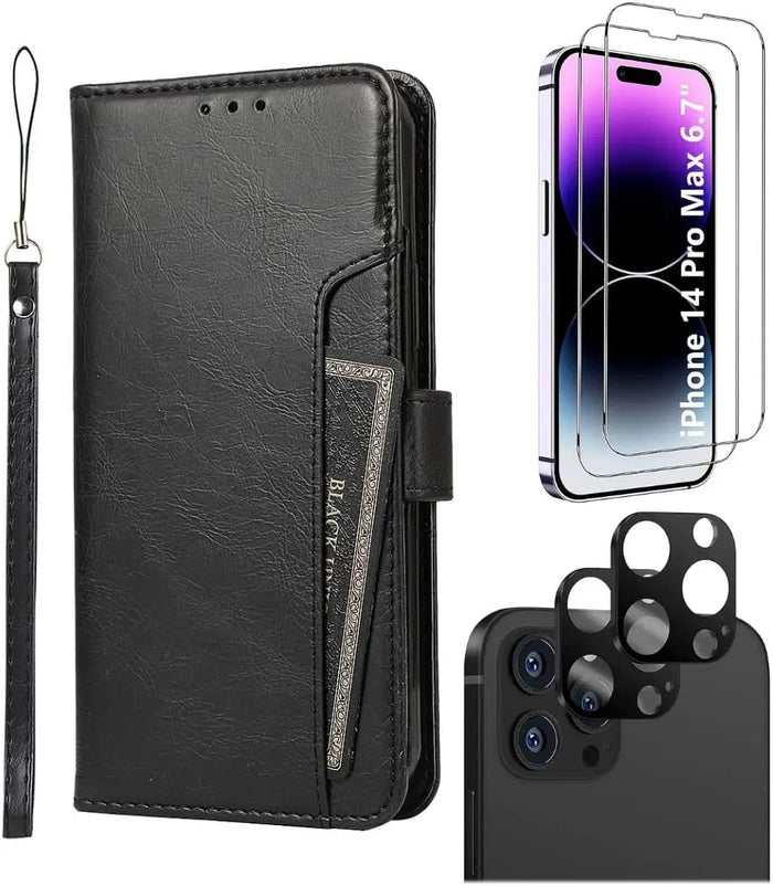 iPhone 14 Pro Max Protection Kit Bundle - Leather Folio Wallet Case with Tempered Glass Screen and Camera Protector (Black) by Zerodamage Sahara Case LLC