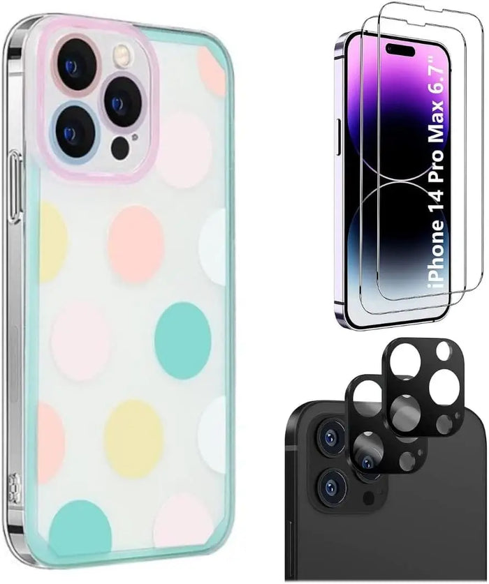 iPhone 14 Pro Max Protection Kit Bundle - Polkadot Hybrid-Flex Hard Shell Case with Tempered Glass Screen and Camera Protector (Clear/Pink/Teal) by Zerodamage Sahara Case LLC