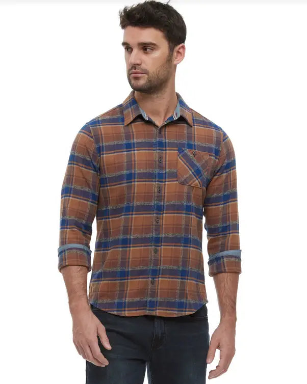 Ironwood LS Heather Flannel Shirt - Brown/Navy by Boutique 23