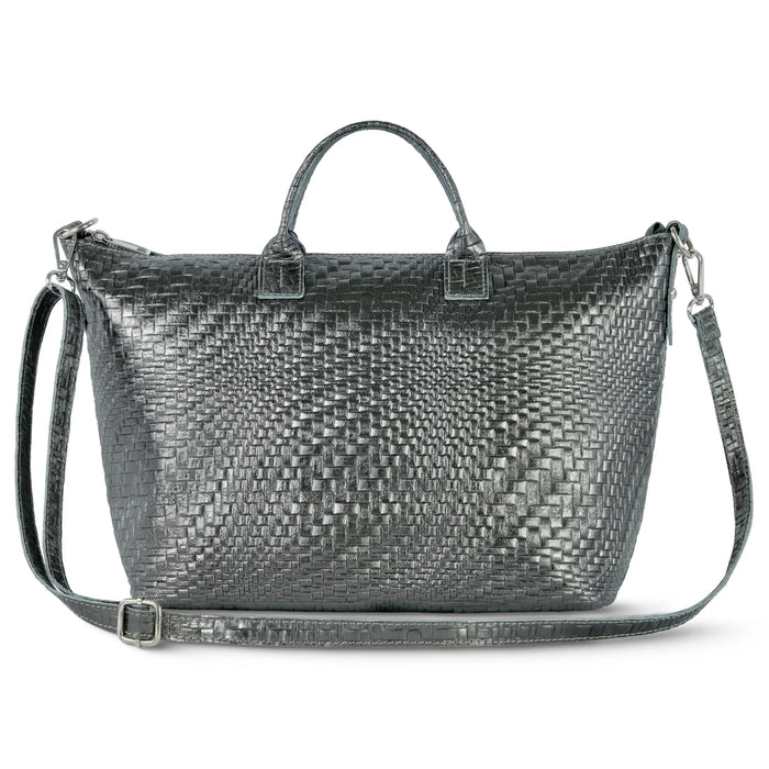 Italian Genuine Basketweave-Embossed Metallic Suede Top-Handle Bag | Treviso by TAKEASY