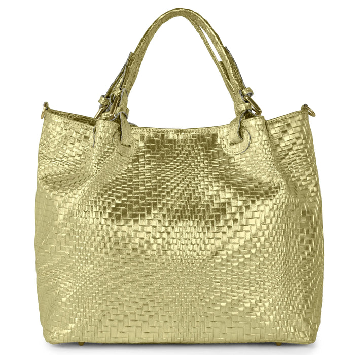 Italian Genuine Basketweave-Embossed Metallic Suede Top-Handle Bag | Imperia by TAKEASY