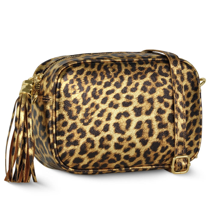 Italian Genuine Leopard-Print Metallic Suede Crossbody Bag | Potenza by TAKEASY