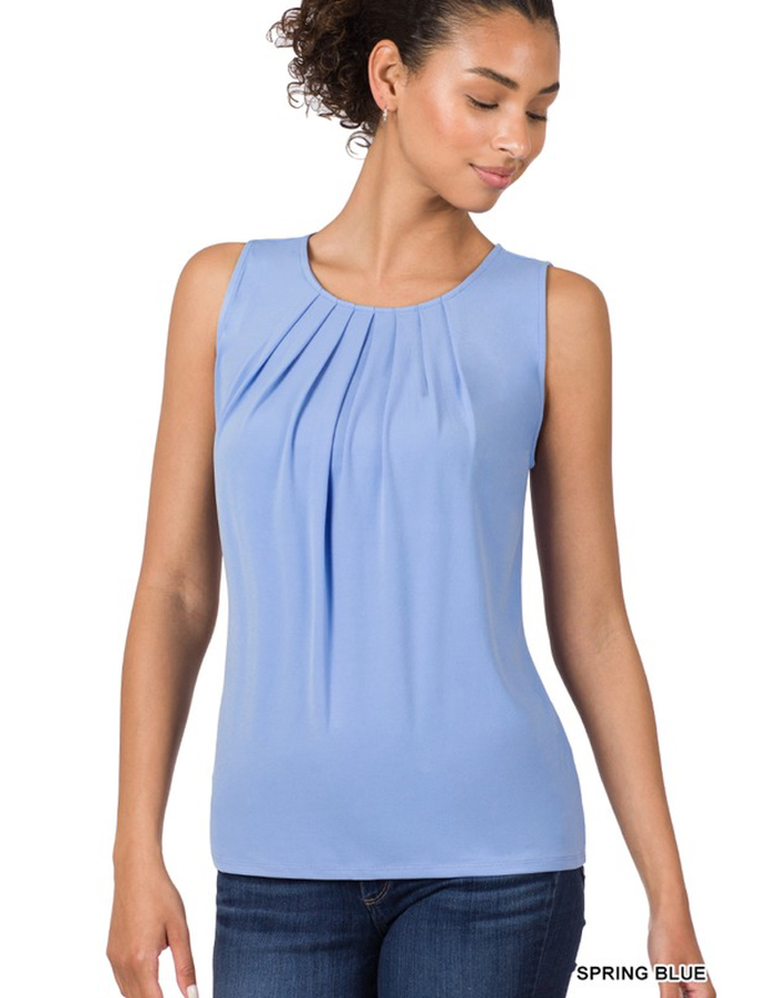 Ity Sleeveless Front Neck Pleat Top - Spring Blue by Boutique 23