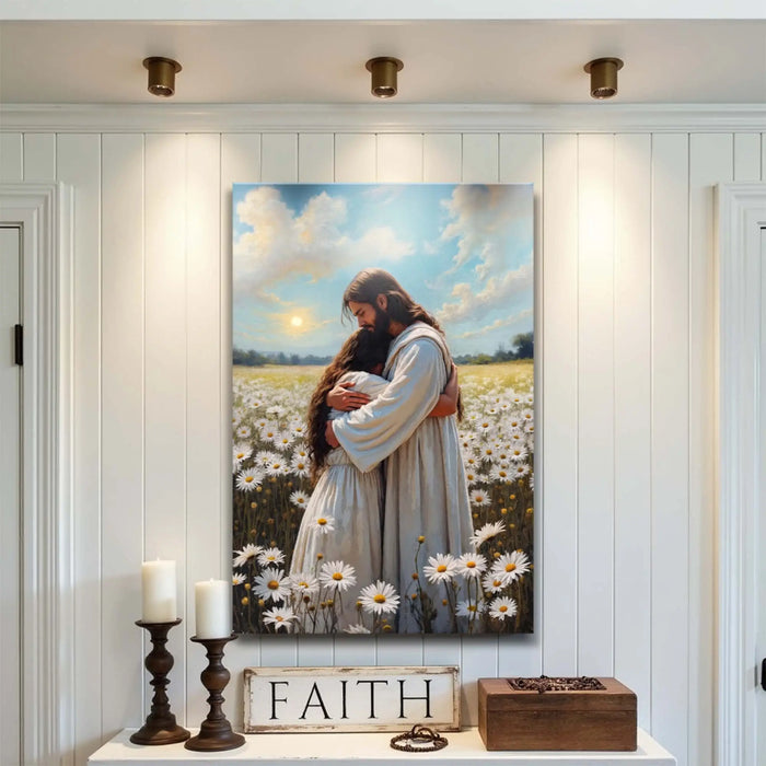 Jesus Hugging Woman Faith Wall Art by Tailored Canvases