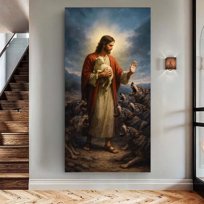 Jesus Protects The Lamb From Wolves Faith Wall Art V by Tailored Canvases