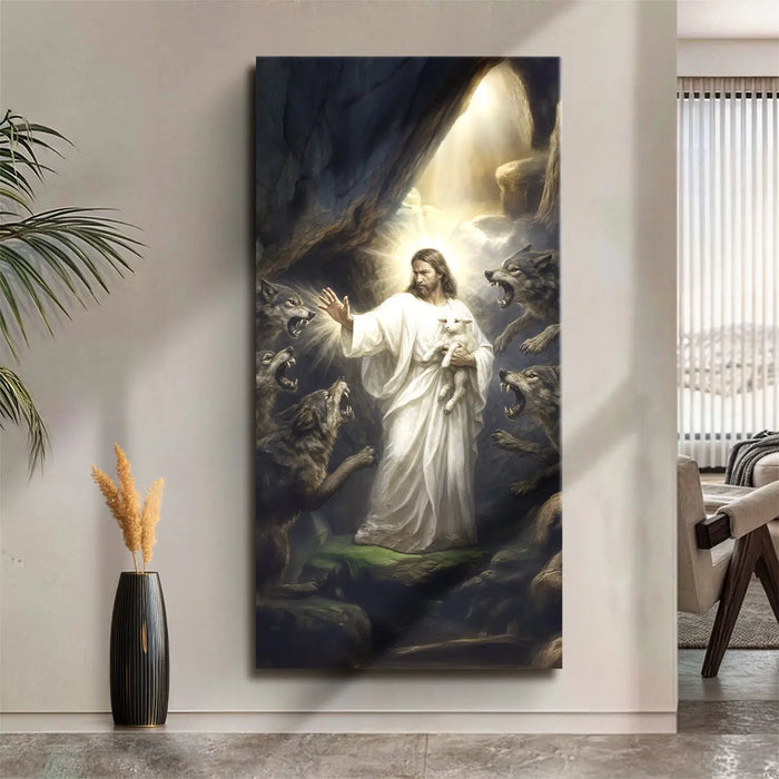 Jesus Protects The Lamb From Wolves Faith Wall Art XV by Tailored Canvases