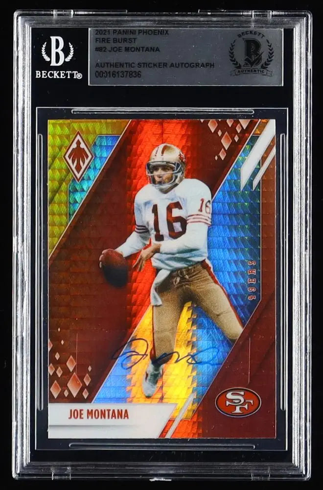 Joe Montana Signed 2021 Panini Phoenix #82 Fire Burst (Beckett) by Price Is Right Miami