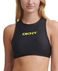 DKNY Womens Black Logo Stretch Zippered Sporty Swimsuit Top by Vanessa Jane