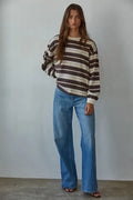 Knit Cotton Multi Striped Crew Neck Long Sleeve Top by Boutique 23