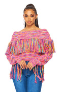 Multi Color Off the Shoulder Fringe Long Sleeve Sweater by The House of Stylez