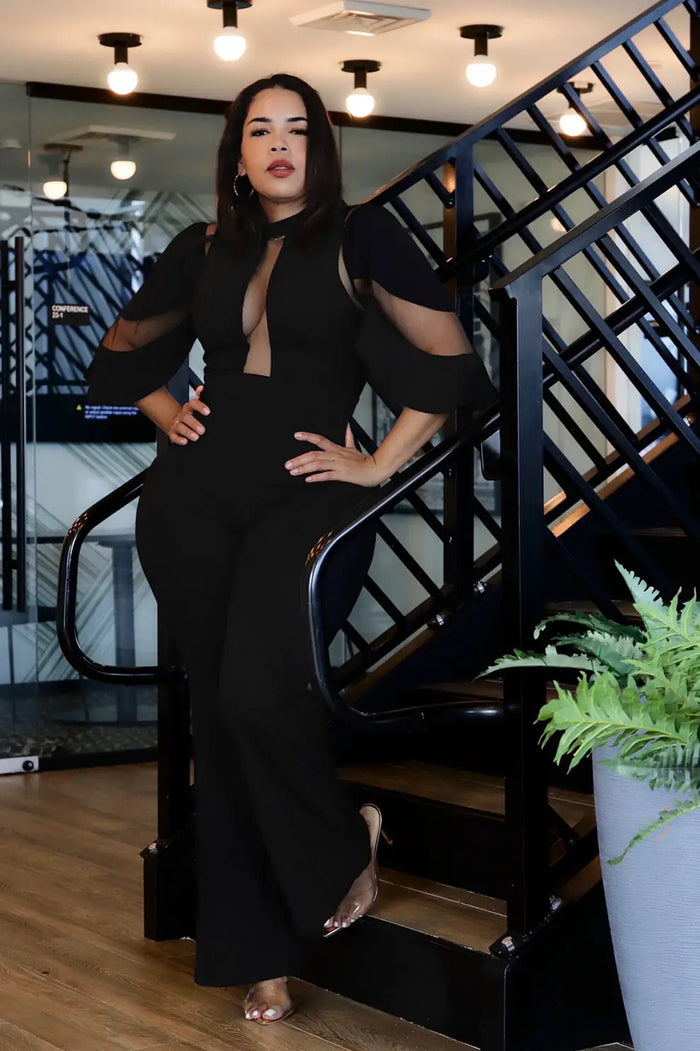 La Mesh Inserted Fashion Jumpsuit by Fasheabe