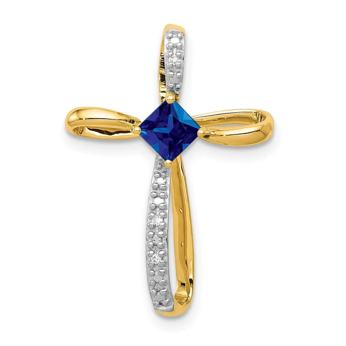 Lab Created Sapphire and Diamond Cross Pendant Gold by Fine Color Jewels