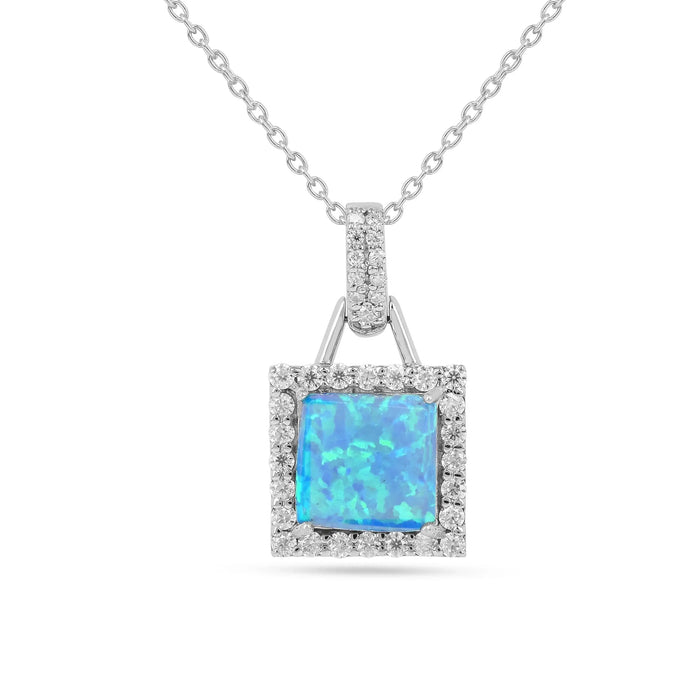 Lab Grown Blue Opal Halo Pendant Necklace by Fine Color Jewels