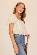 Lace Trim Floral Puff Sleeve Blouse by Boutique 23