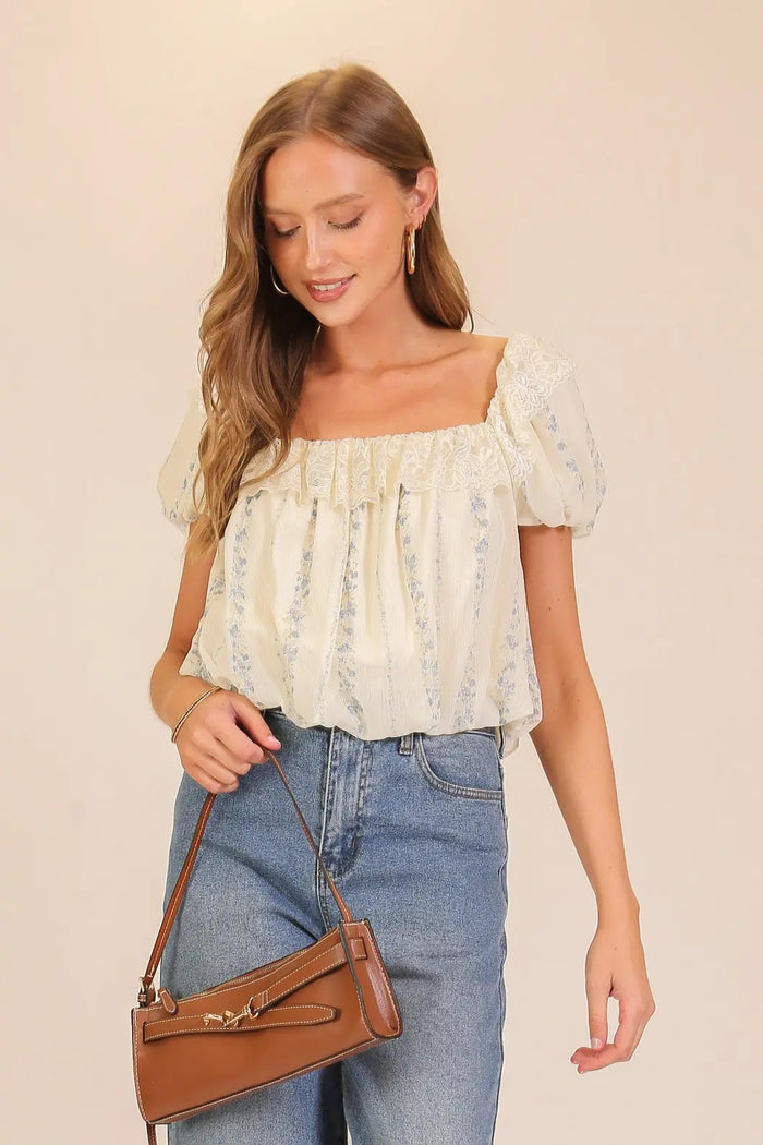 Lace Trim Floral Puff Sleeve Blouse by Boutique 23