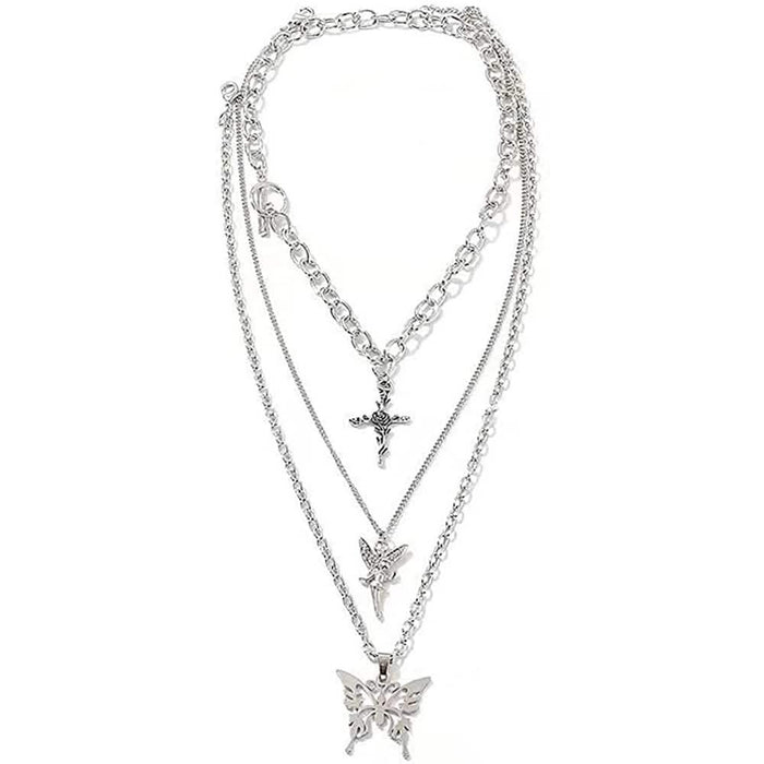 Layered Butterfly Cross Angel Pendant Necklace by DailySale