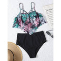 Leaf Print Hanky Hem High Waisted Bikini Swimsuit by DailySale