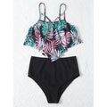 Leaf Print Hanky Hem High Waisted Bikini Swimsuit by DailySale