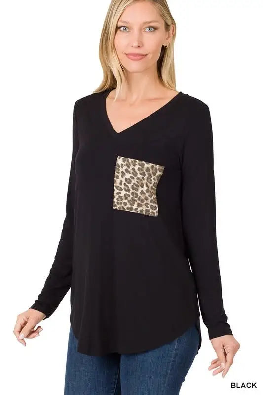 Leopard Pocket V-Neck Long Sleeve - Black by Boutique 23