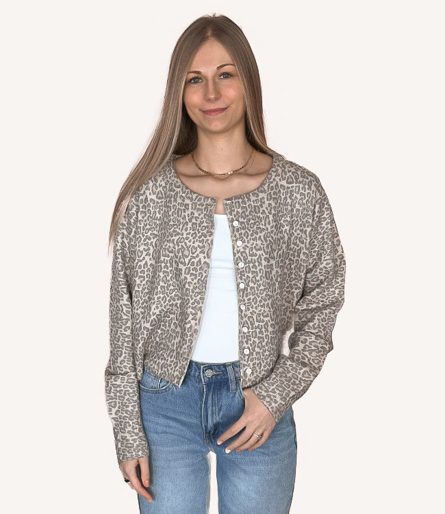 Leopard Print Button Up Cardigan - Vintage Oatmeal by Boutique 23