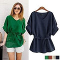 Linen-Blend Loose-Cut Casual Short Sleeve Top with Belt by DailySale