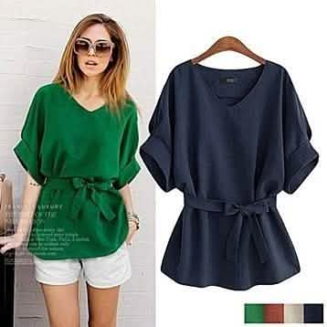 Linen-Blend Loose-Cut Casual Short Sleeve Top with Belt by DailySale