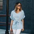 Linen-Blend Loose-Cut Casual Short Sleeve Top with Belt by DailySale