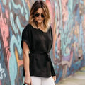 Linen-Blend Loose-Cut Casual Short Sleeve Top with Belt by DailySale