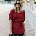 Linen-Blend Loose-Cut Casual Short Sleeve Top with Belt by DailySale