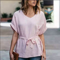 Linen-Blend Loose-Cut Casual Short Sleeve Top with Belt by DailySale