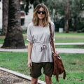 Linen-Blend Loose-Cut Casual Short Sleeve Top with Belt by DailySale