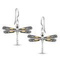 18k Yellow Gold and Sterling Silver Dragonfly Motif Drop Earrings by Avera Group