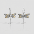 18k Yellow Gold and Sterling Silver Dragonfly Motif Drop Earrings by Avera Group