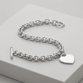 Sterling Silver Rhodium Plated Rolo Style Heart Charmed Chain Bracelet by Avera Group