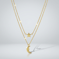 14k Yellow Gold Double-Strand Chain Necklace with Puff Moon and Star by Avera Group