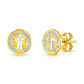 14k Two Tone Gold Round Religious Medal Post Earrings by Avera Group