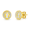 14k Two Tone Gold Round Religious Medal Post Earrings by Avera Group