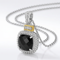 18k Yellow Gold & Sterling Silver Popcorn Cushion Black Onyx and Diamond Pendant by Avera Group