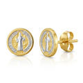 14k Two Tone Gold Round Religious Medallion Post Earrings by Avera Group