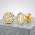 14k Two Tone Gold Round Religious Medallion Post Earrings by Avera Group