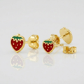 14k Yellow Gold Enameled Strawberry Childrens Earrings by Avera Group