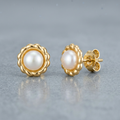 14k Yellow Gold Flower Stud Earrings with Pearls by Avera Group