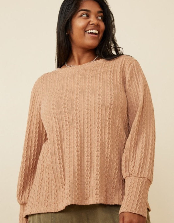 Curvy Long Cuff Cable Knit Pullover Top - Taupe by Boutique 23