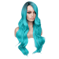 Long Wavy Side Part Wig Ombre Bluish Green Color Heat Resistant