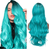 Long Wavy Side Part Wig Ombre Bluish Green Color Heat Resistant