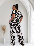 Lori Print Black and White Matching Plus Size Pants Set With Pockets by Fasheabe