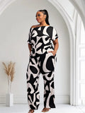 Lori Print Black and White Matching Plus Size Pants Set With Pockets by Fasheabe